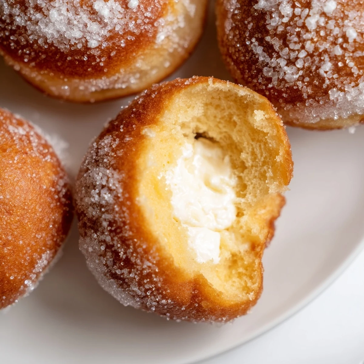 Soft Italian bomboloni cream donuts filled with rich vanilla pastry cream and sugar