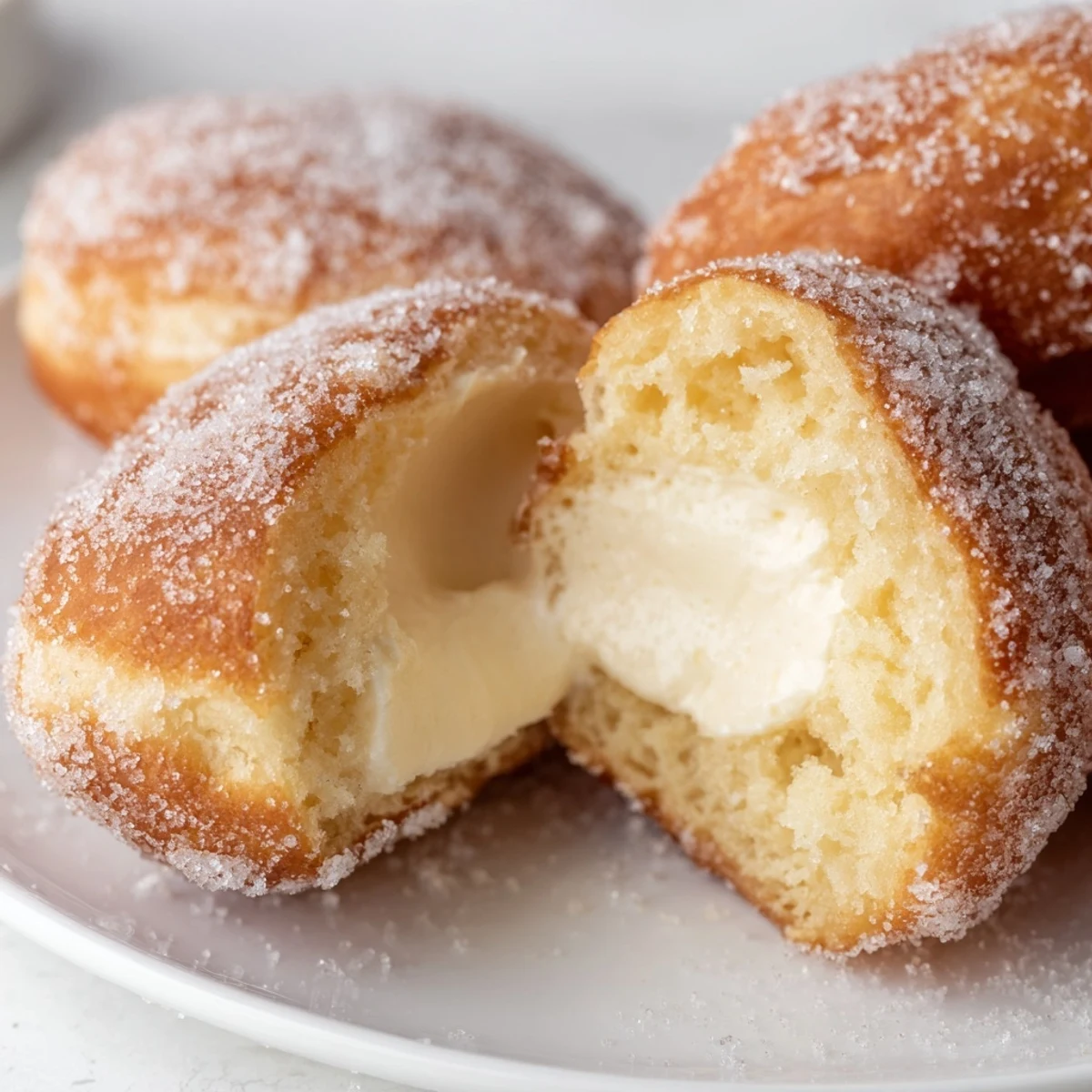 Close-up of warm bomboloni cream donuts piled high with powdered sugar coating