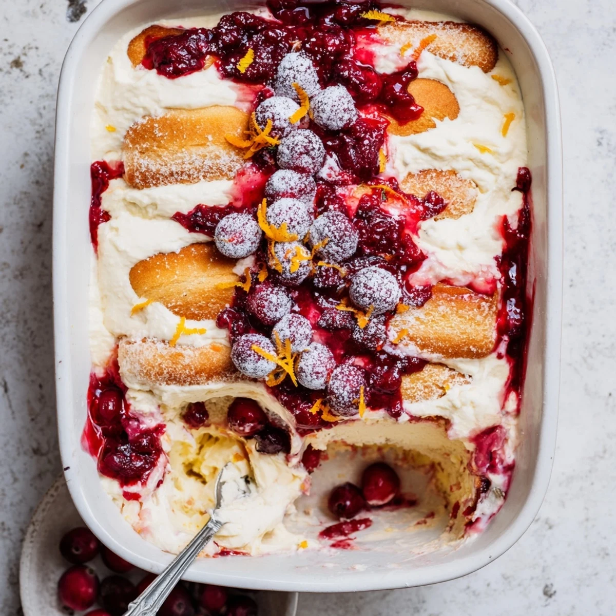 Cranberry and Orange Tiramisu layered with tart crimson compote and fluffy mascarpone cream