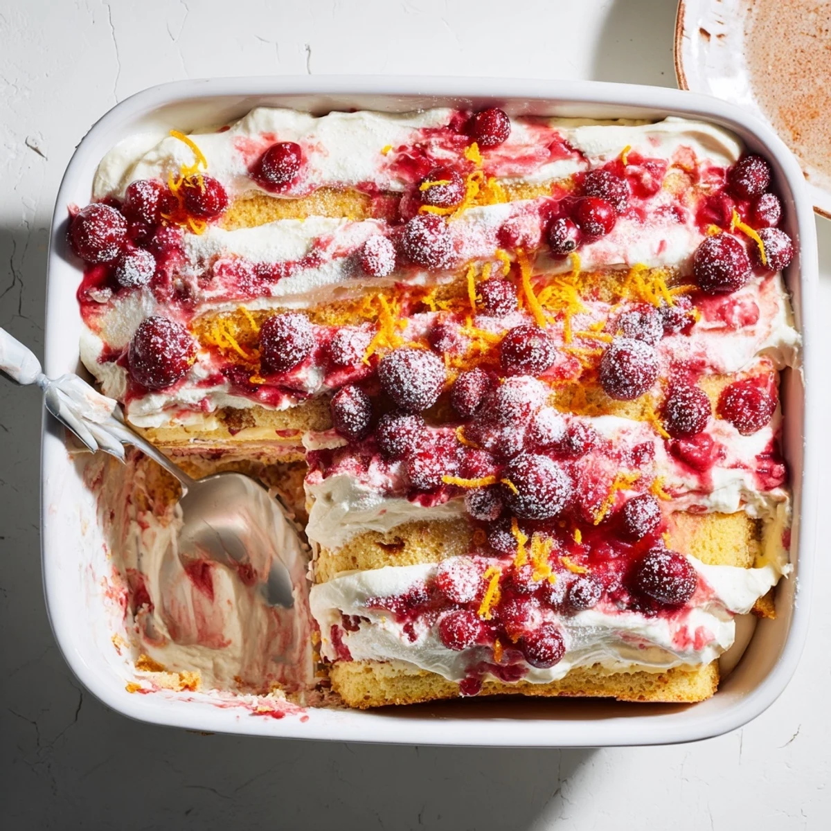 Festive Cranberry and Orange Tiramisu topped with fresh berries and bright citrus zest garnish