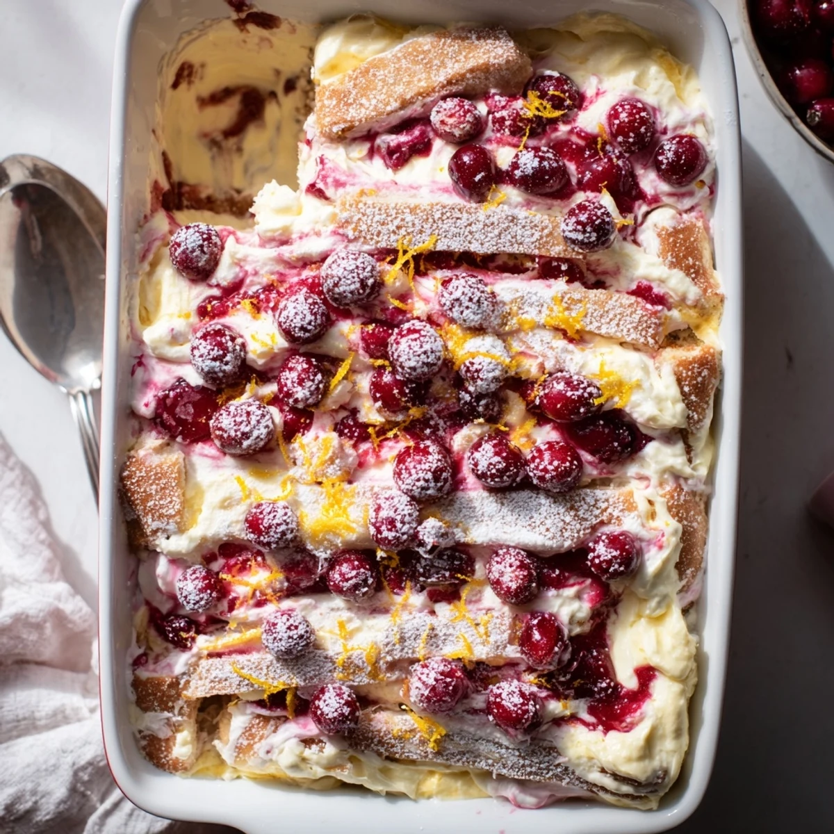 Creamy Cranberry and Orange Tiramisu dessert showcasing white ladyfingers and vibrant red berry swirls