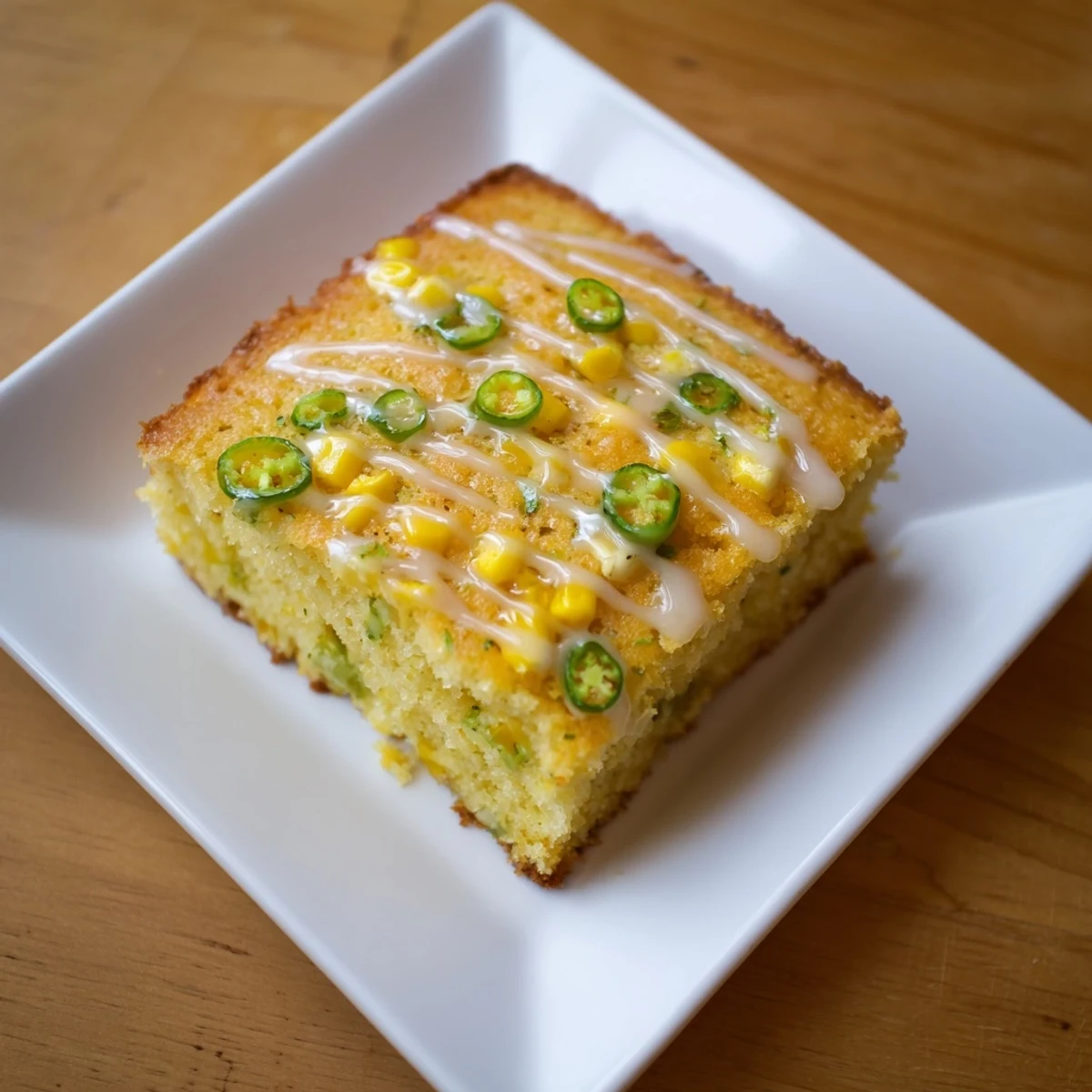 Golden spicy jalapeño cornbread squares drizzled with glossy sweet lime honey glaze