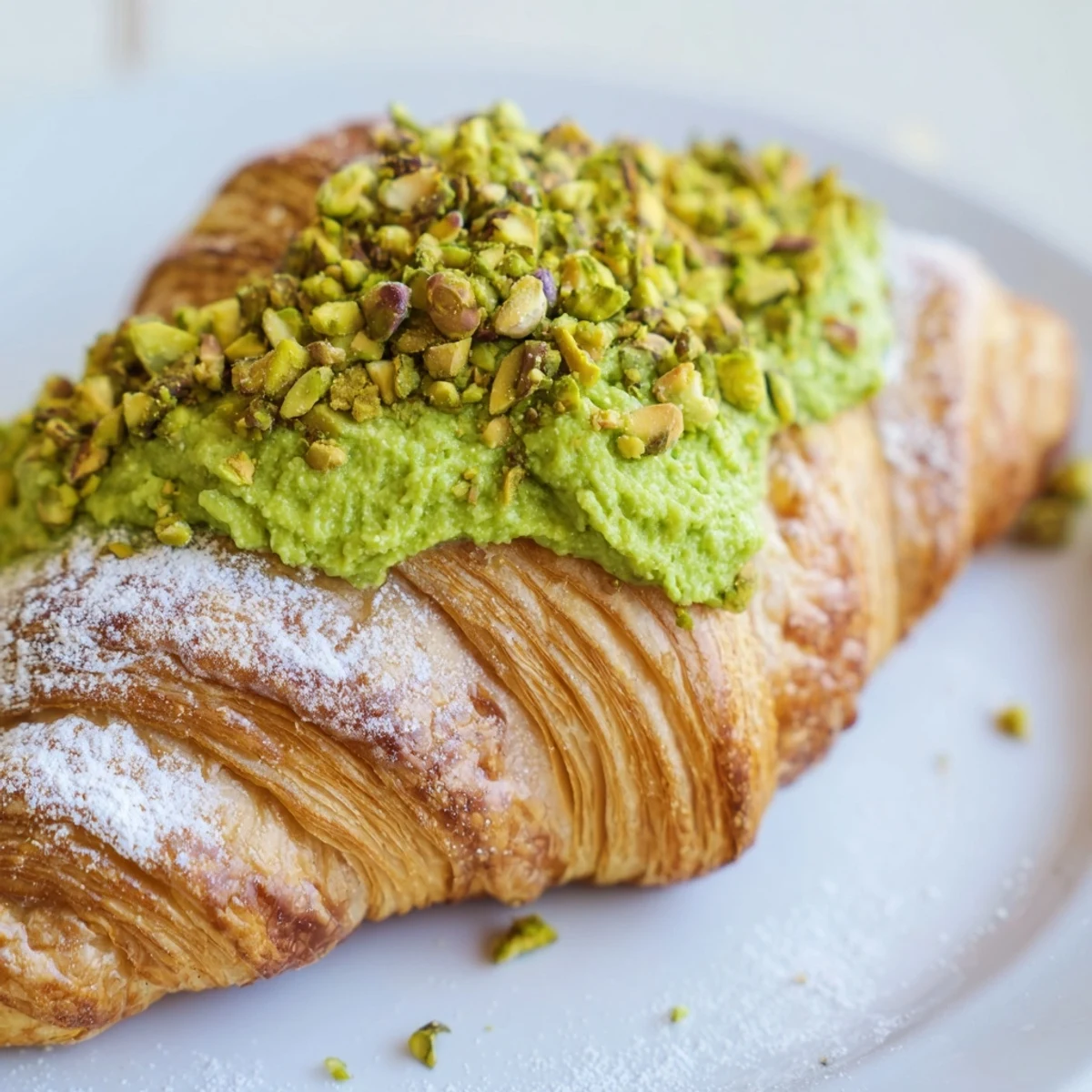 Golden pistachio croissants with green cream filling, dusted with powdered sugar on a white plate