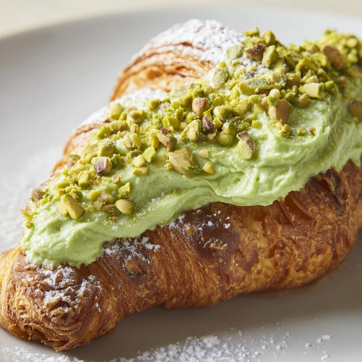 Flaky buttery croissants sliced and filled with luscious pistachio cream, garnished with chopped nuts