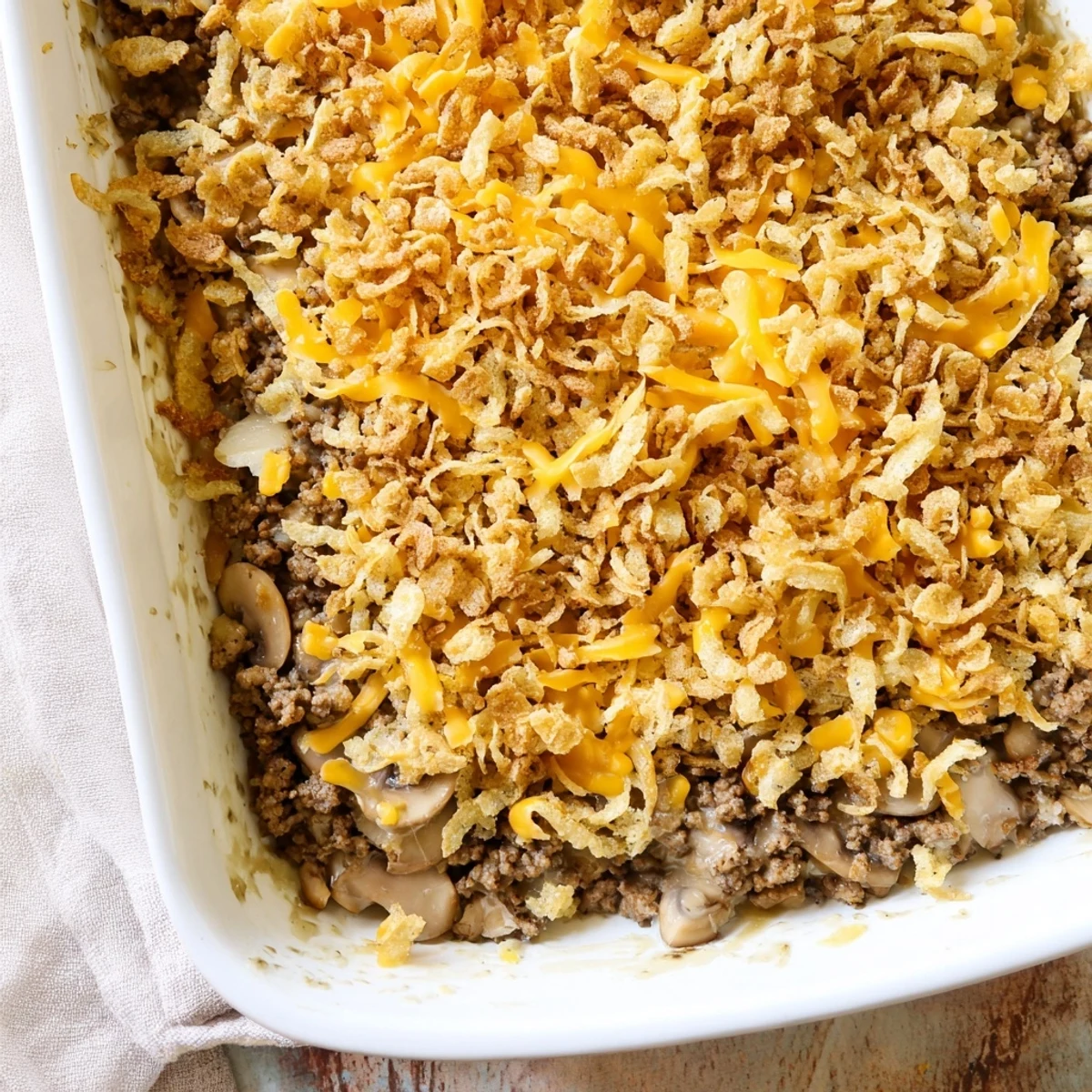 Golden brown hamburger mushroom bake with bubbling cheddar cheese and crispy breadcrumb topping