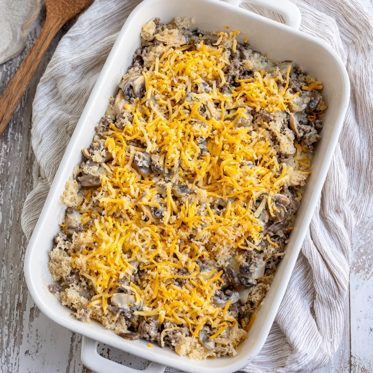 Creamy ground beef and mushroom casserole fresh from the oven with melted cheese layer