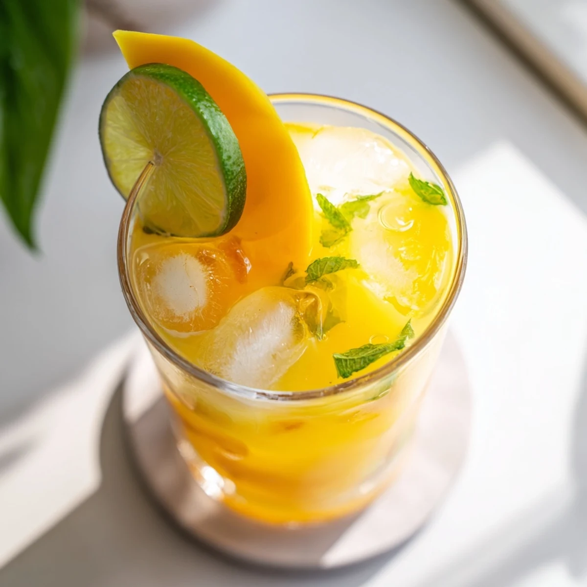 Golden mango ginger mocktail with fresh mint garnish and ice cubes in clear glass