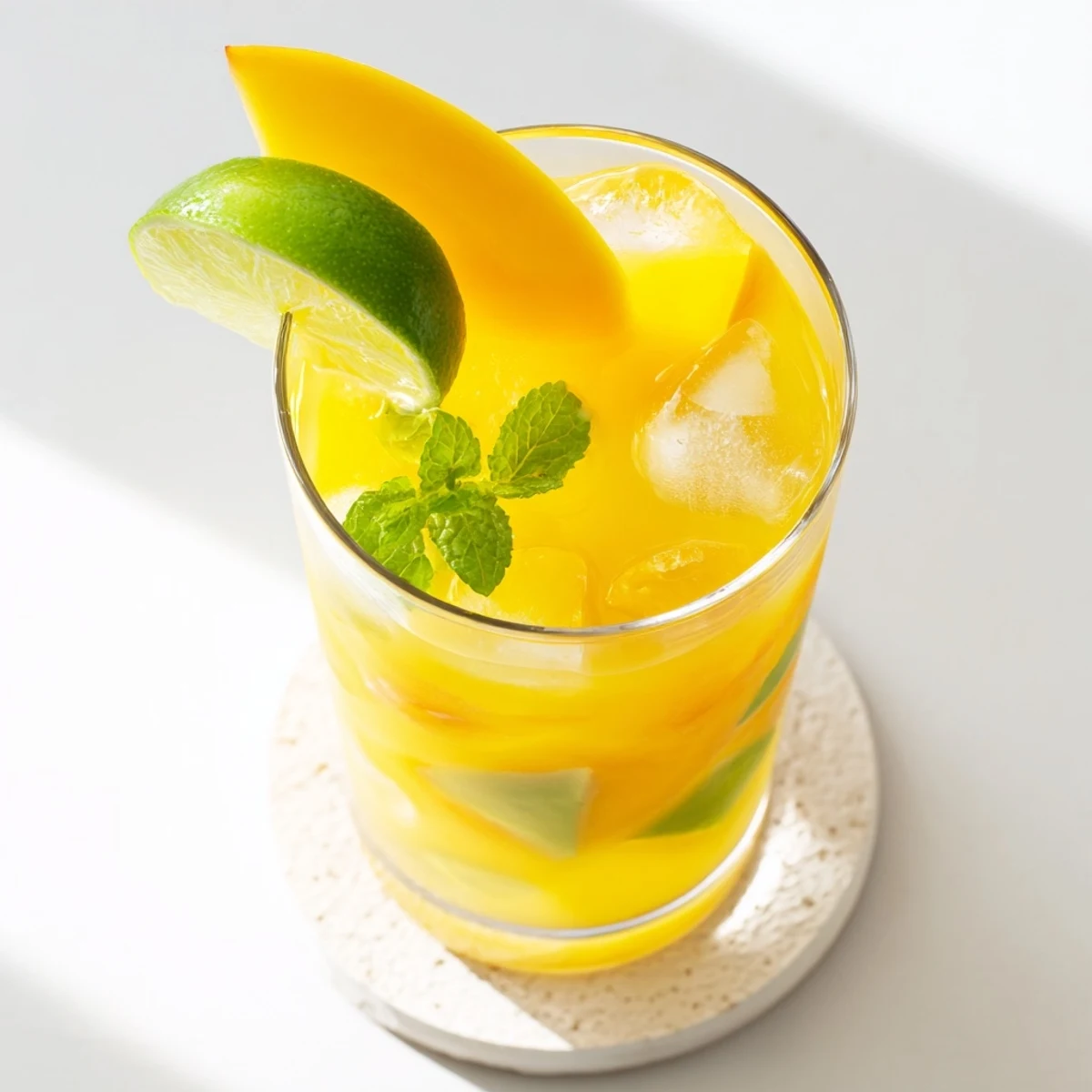 Vibrant yellow non-alcoholic mango ginger mocktail topped with sparkling water and lime wedge