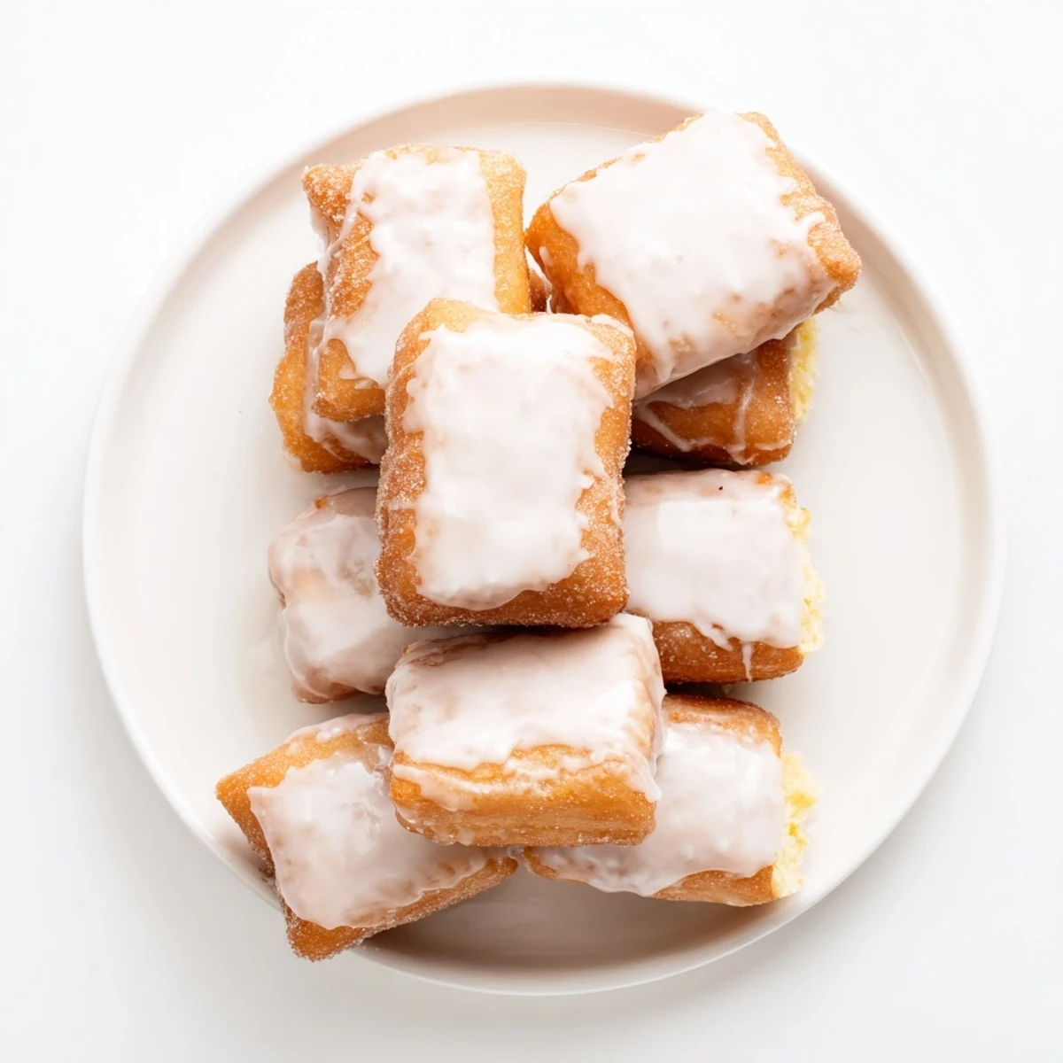 Golden brown glazed buttermilk beignet squares arranged on a wire cooling rack with sweet vanilla glaze dripping down the sides