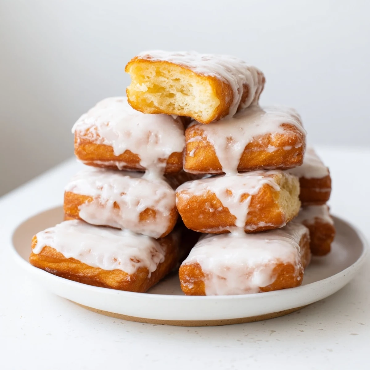 Stack of warm glazed buttermilk beignet squares dusted with powdered sugar and served on a rustic wooden cutting board
