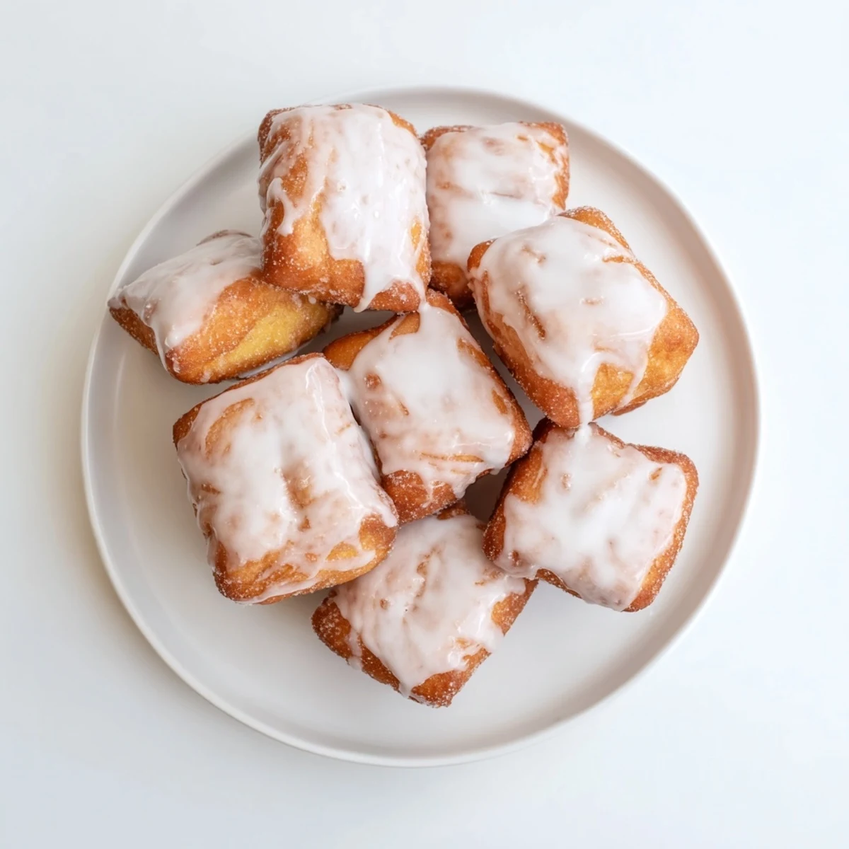 Plate of fluffy glazed buttermilk beignet squares coated in white vanilla glaze alongside a steaming cup of coffee