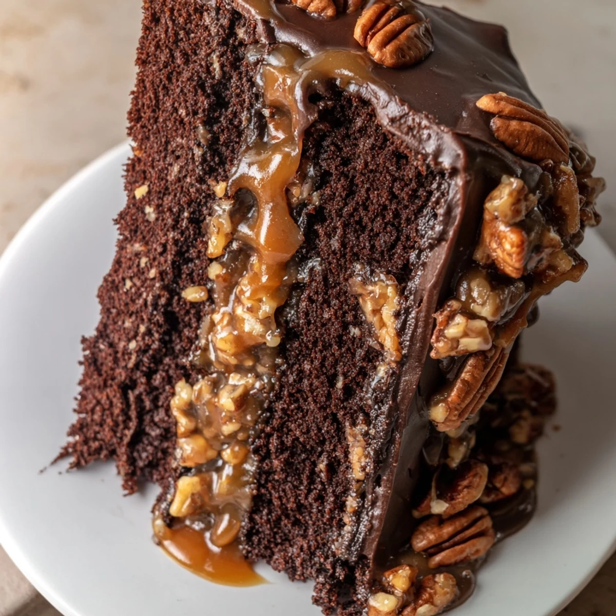 Decadent chocolate turtle cake with gooey caramel layers and crunchy pecans drizzled in glossy ganache