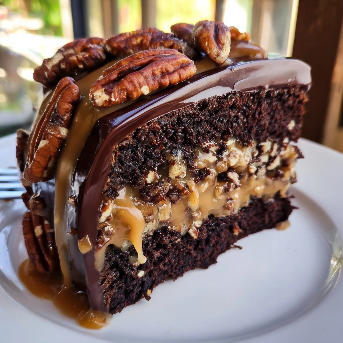Rich chocolate turtle cake slice revealing caramel filling, toasted pecans, and velvety chocolate ganache frosting