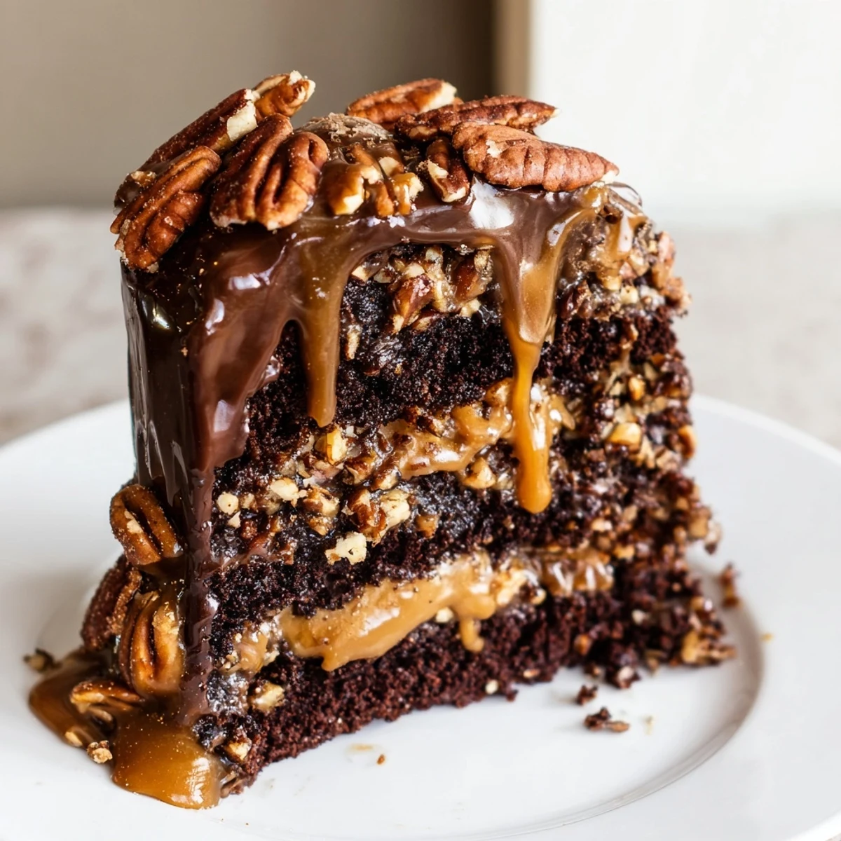 Show-stopping chocolate turtle cake topped with caramel pecans and dripping chocolate ganache on a serving plate