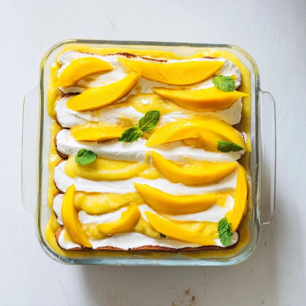 Tropical mango tiramisu dessert topped with fresh mango slices and mint leaves on a white plate