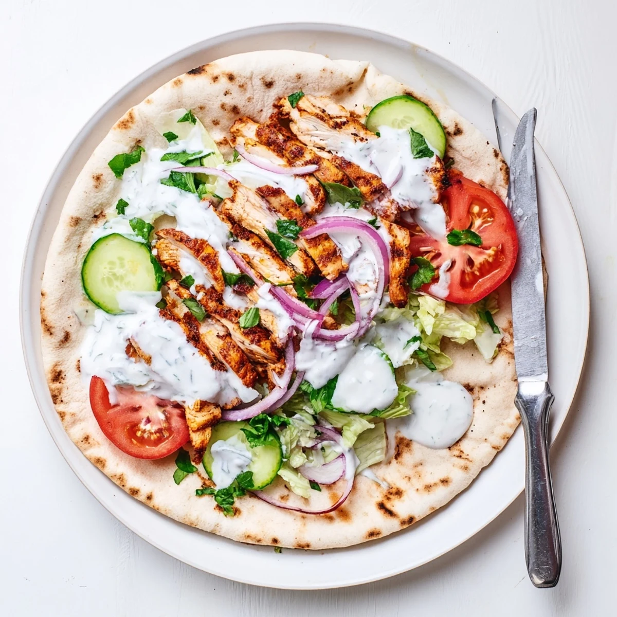 Golden chicken shawarma wrapped in warm pita with creamy garlic sauce drizzled generously