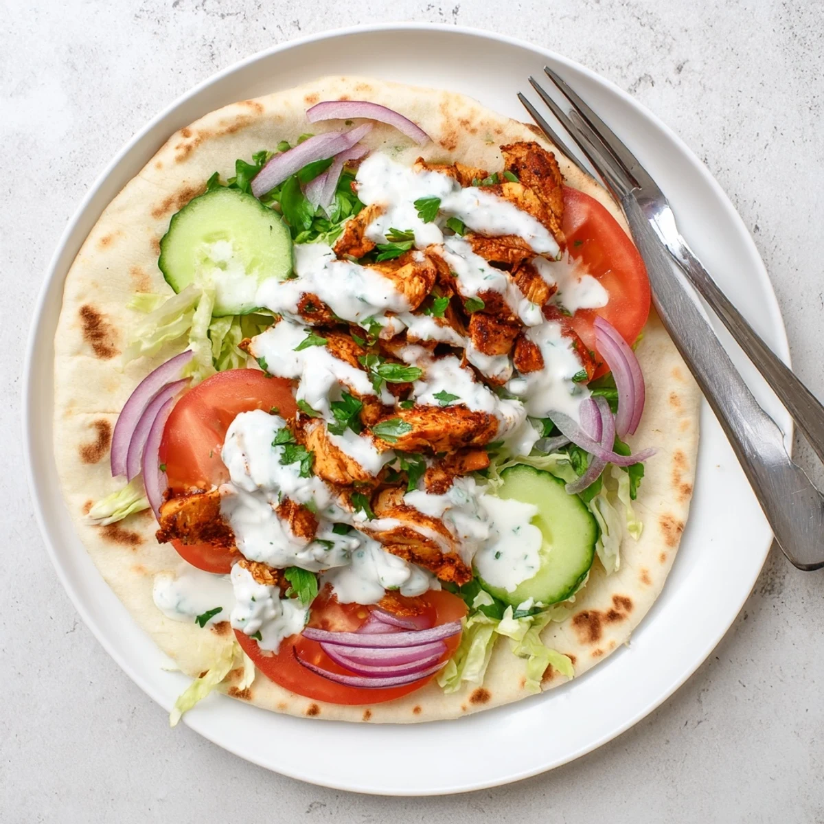 Sliced spiced chicken shawarma piled high with fresh crisp vegetables and homemade garlic sauce