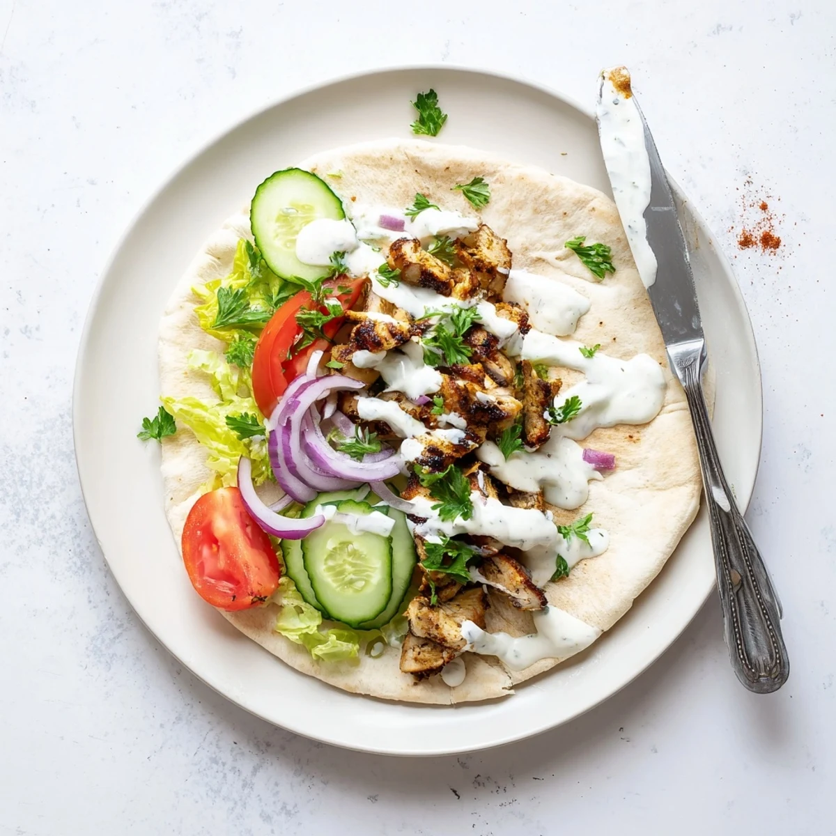 Middle Eastern chicken shawarma sandwich featuring tender marinated meat and tangy white garlic sauce