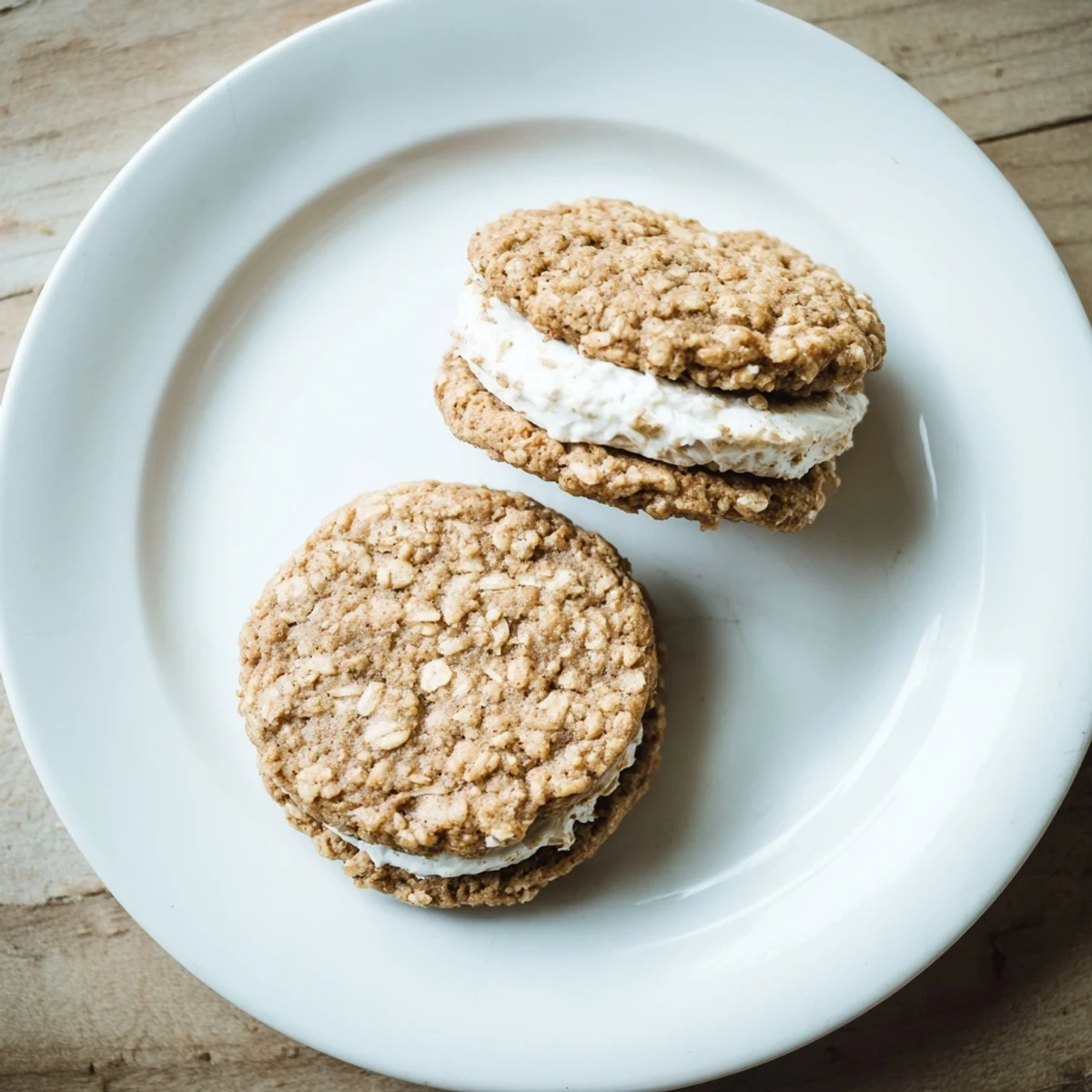 Close-up of homemade oatmeal cream pies showing golden textured cookies and sweet buttercream layer