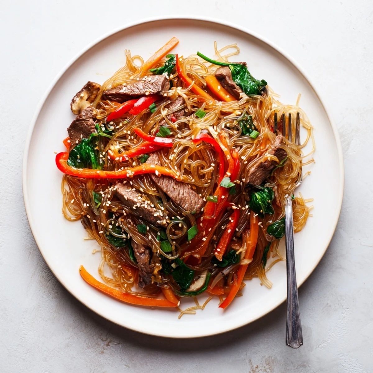 Steaming bowl of Korean beef noodles with tender beef slices and colorful vegetables coated in savory-sweet gochujang sauce