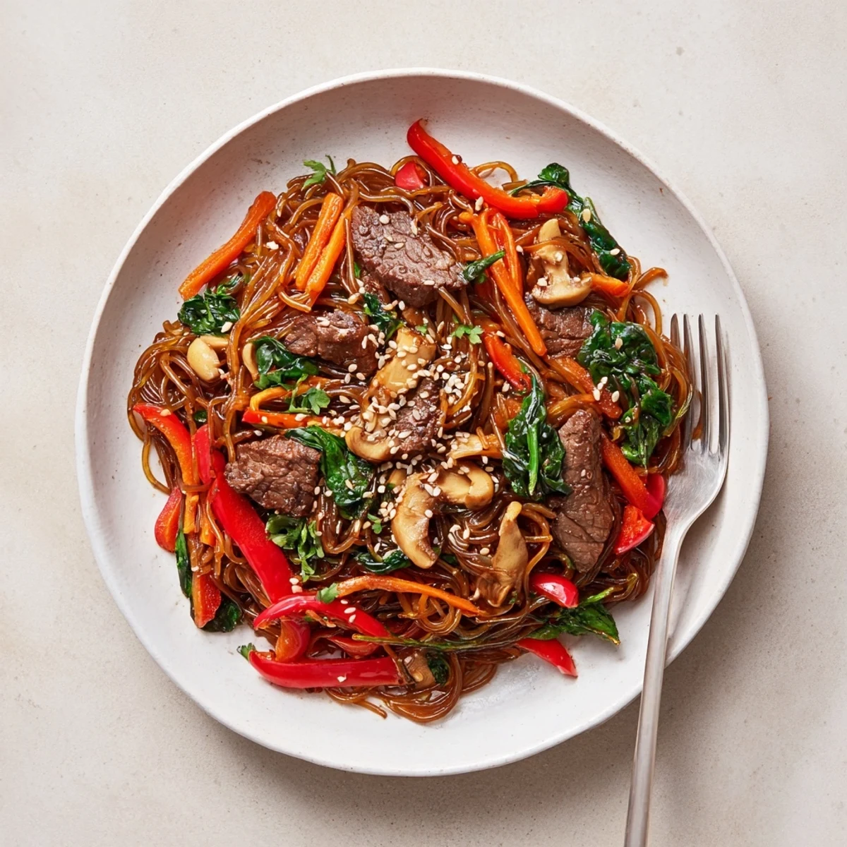 Chewy sweet potato noodles tossed with marinated beef, bell peppers, carrots, and spinach in a glossy Korean-inspired sauce