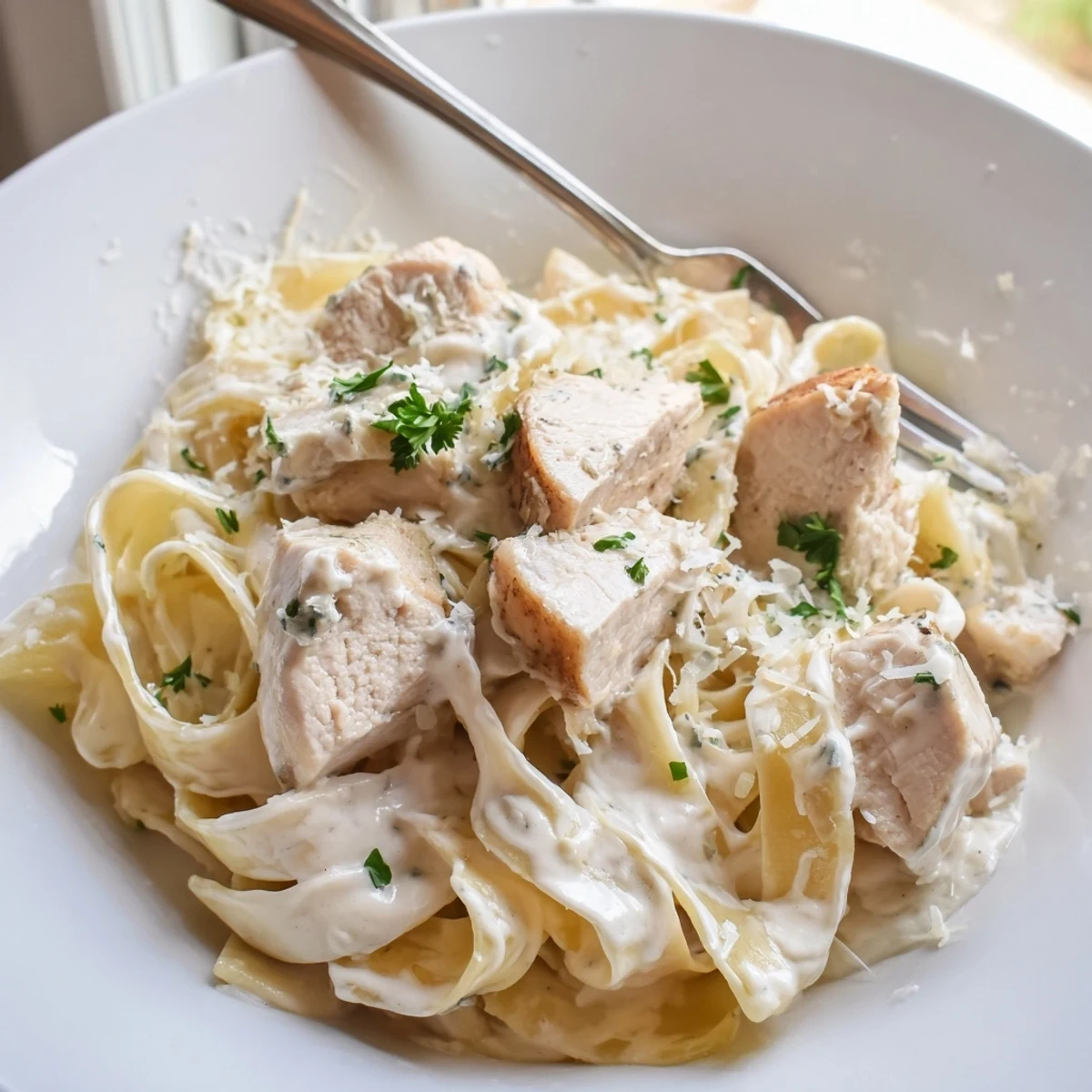 Creamy chicken alfredo pasta features sliced chicken breast over fettuccine noodles coated in rich Parmesan sauce.
