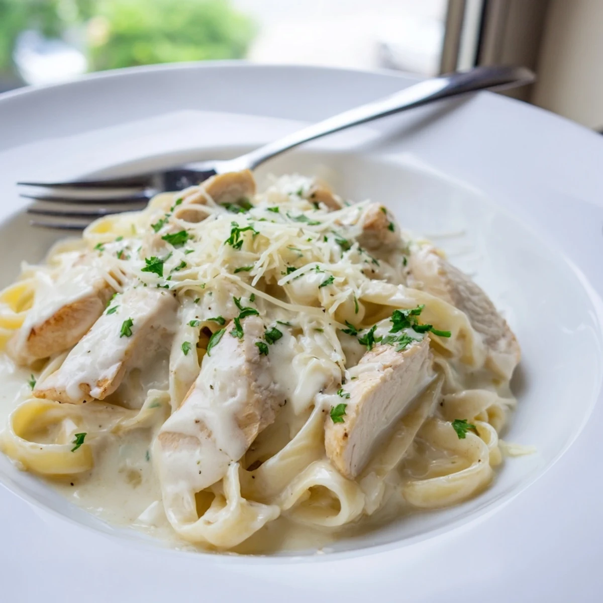 Golden brown chicken slices atop al dente fettuccine pasta tossed in a velvety white garlic Parmesan cream sauce.