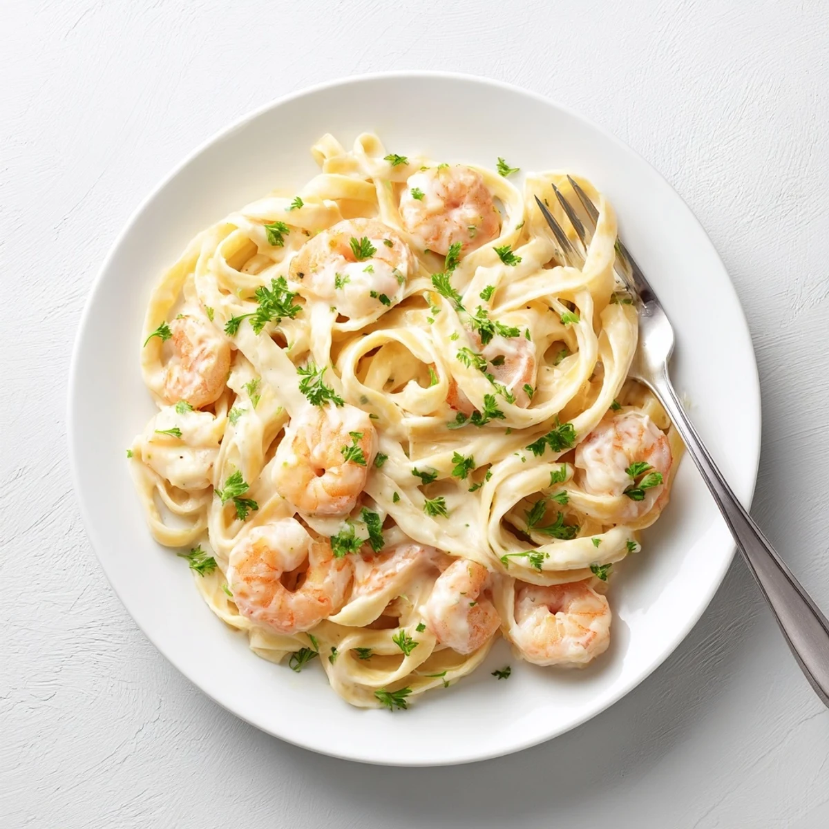 Garnished one pan shrimp fettuccine Alfredo featuring fresh parsley and savory cream sauce over pasta
