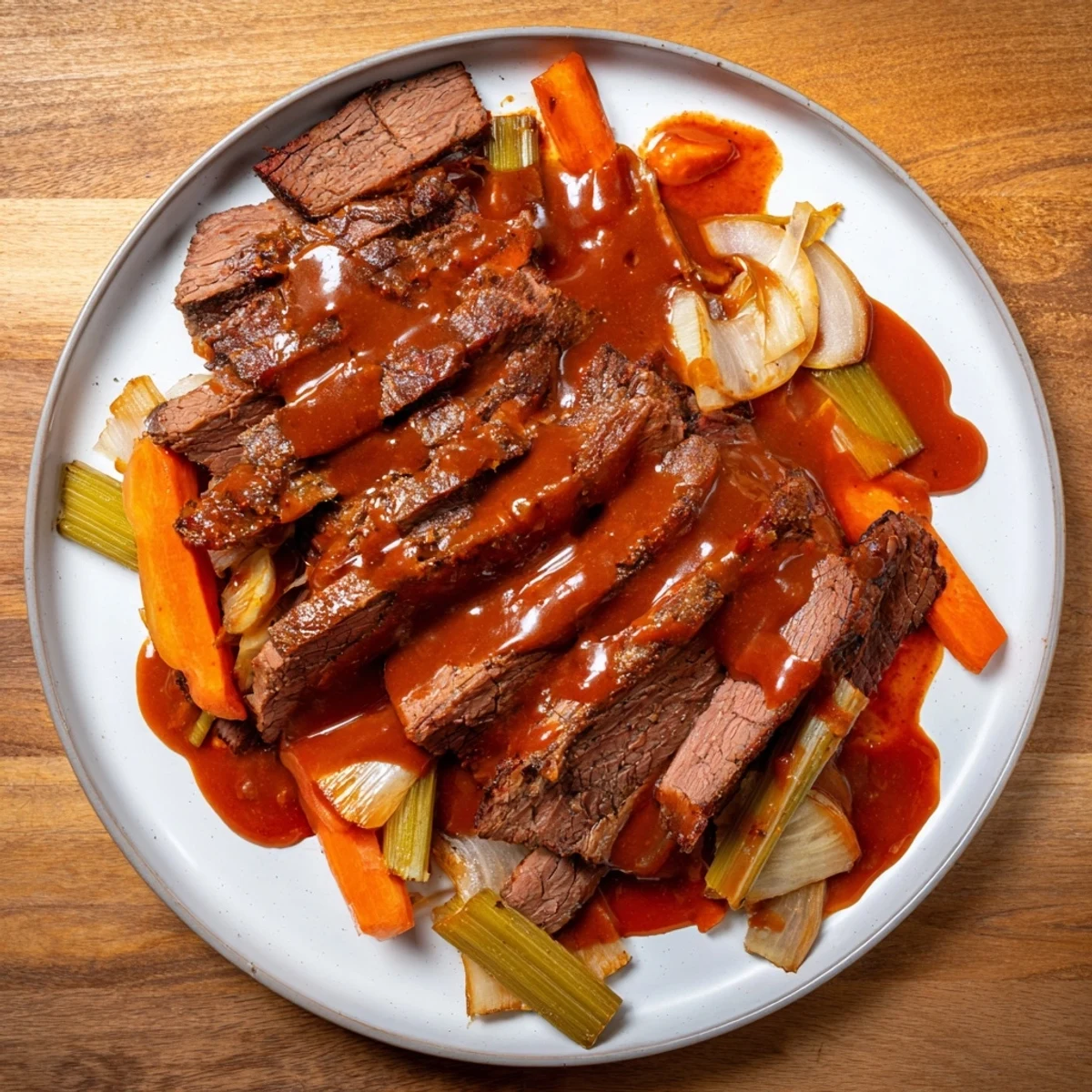 Fork-tender slow cooker beef brisket drizzled with rich savory sauce alongside tender cooked vegetables