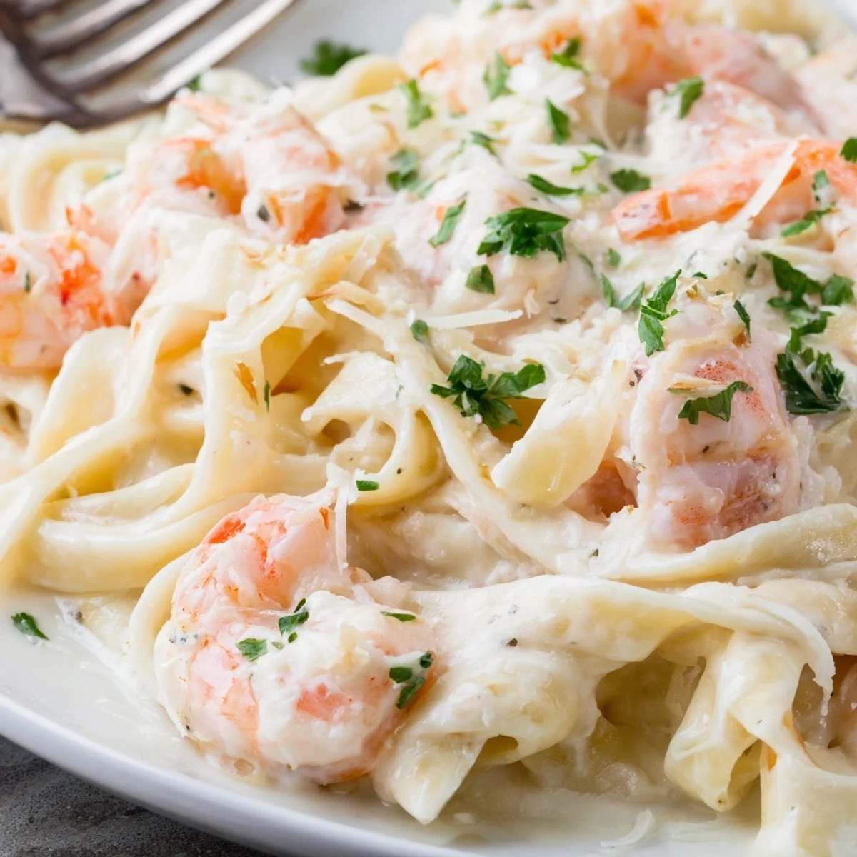 Golden fettuccine noodles tossed in velvety Parmesan Alfredo sauce with plump pink shrimp
