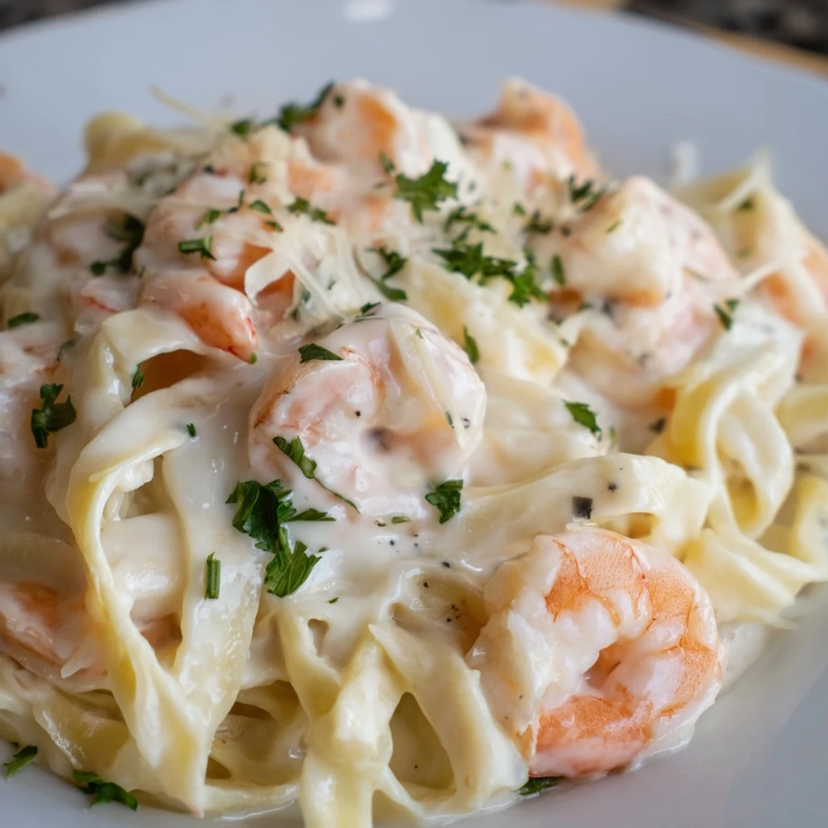Homemade creamy Alfredo sauce coats tender shrimp and perfectly cooked fettuccine pasta in a white bowl