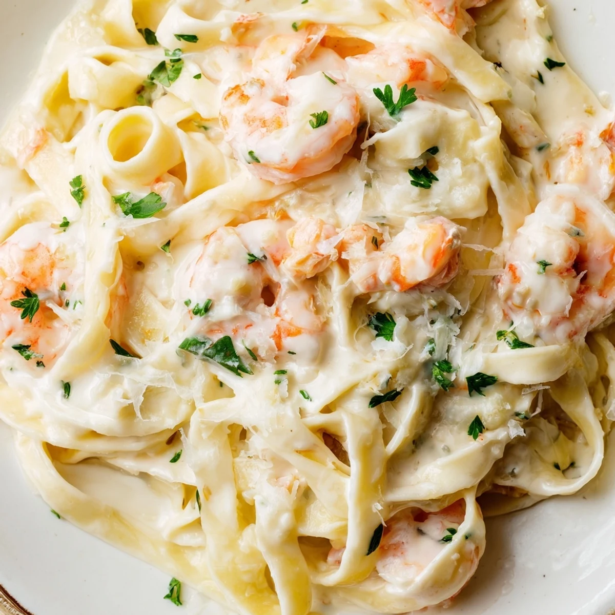 Steamy plate of shrimp fettuccine Alfredo garnished with fresh green parsley and lemon wedges