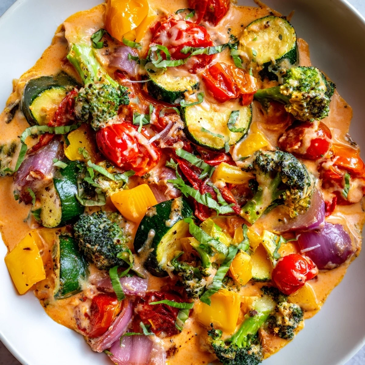 Golden roasted vegetables tossed in a rich creamy sun-dried tomato sauce with fresh basil garnish
