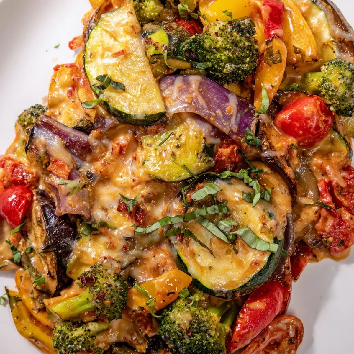 Colorful vegetable medley glistening with parmesan cream sauce after roasting to tender perfection