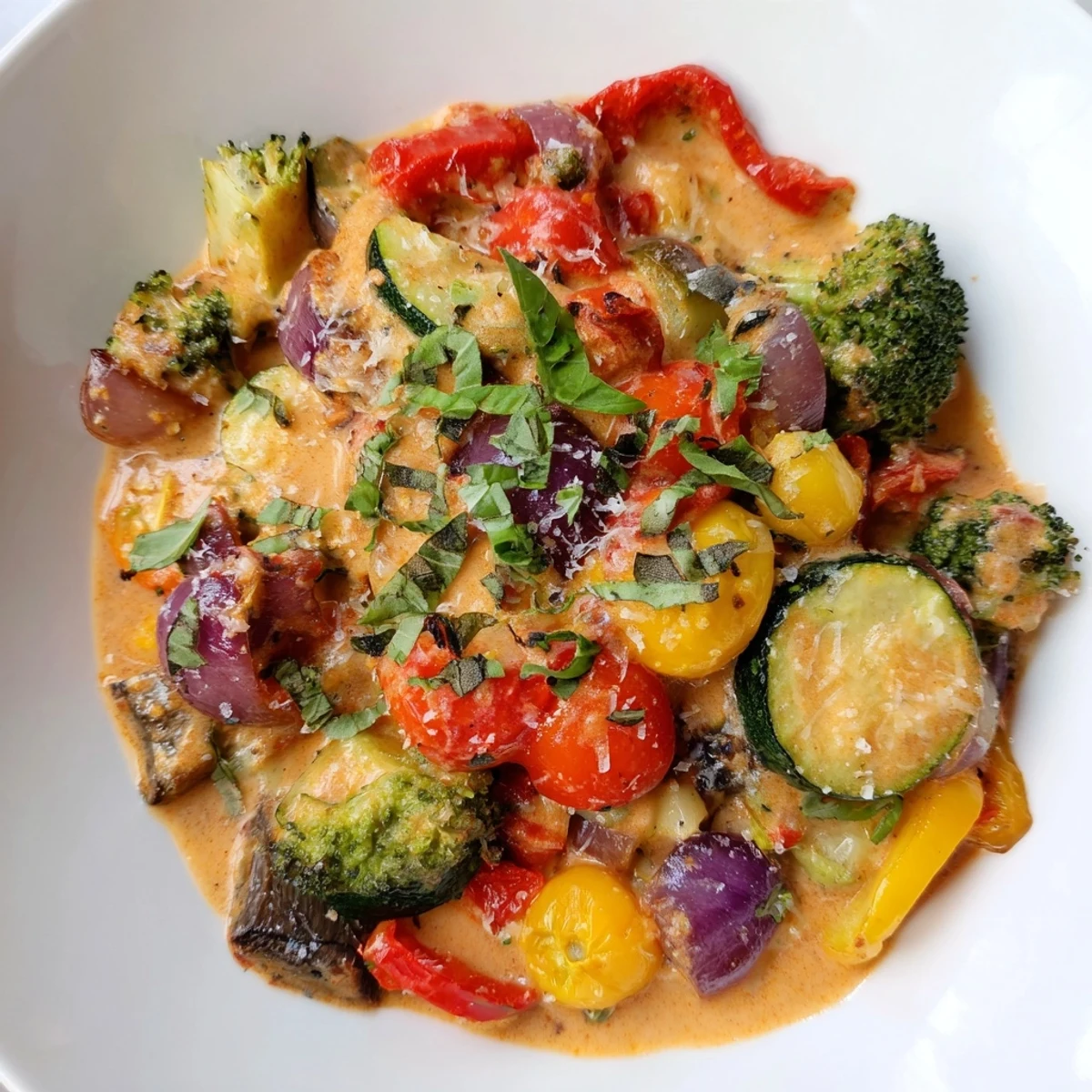 Serving bowl of Marry Me roasted vegetable medley coated in savory tomato cream sauce