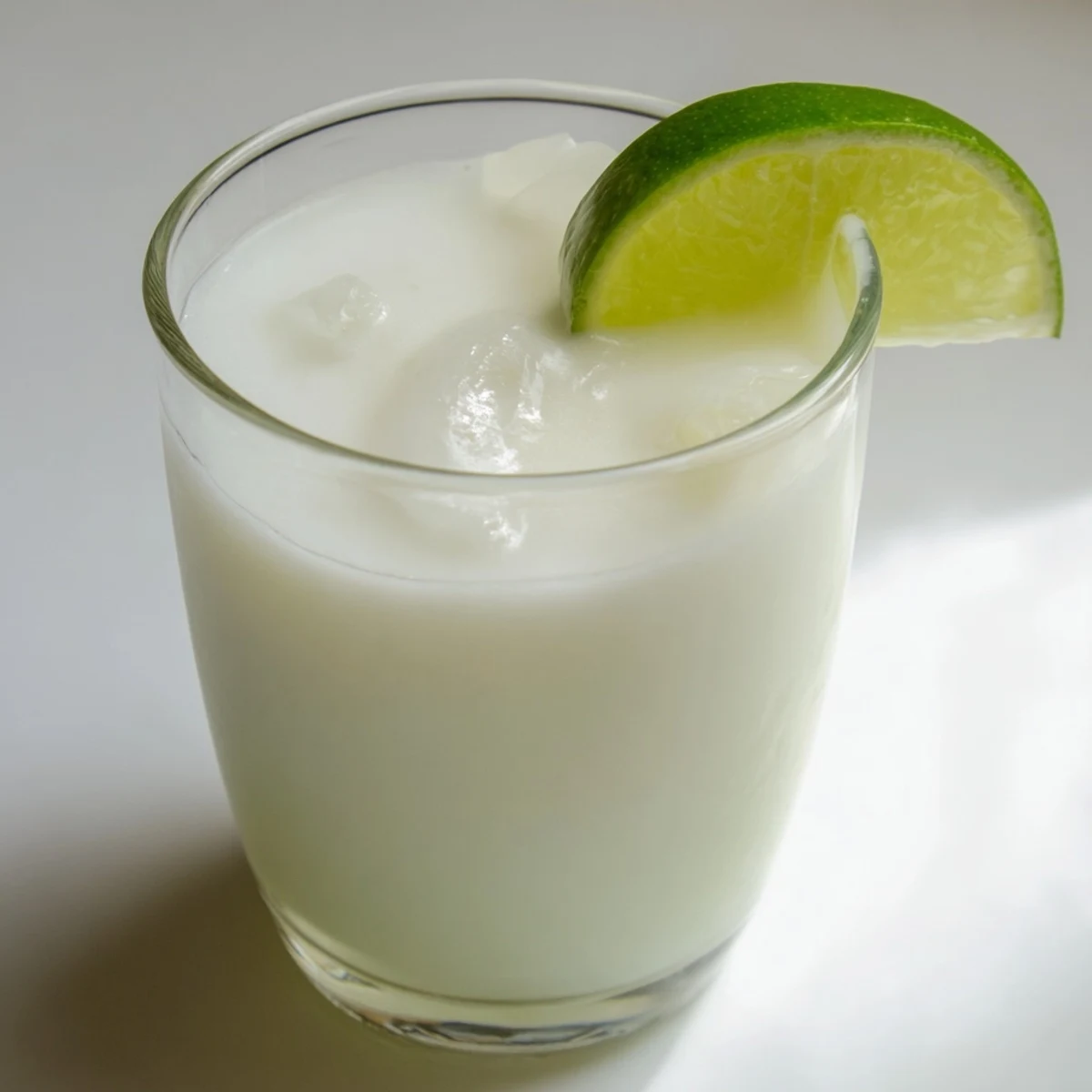 Garnished glass of creamy Brazilian lemonade on ice with fresh lime slices on a wooden table