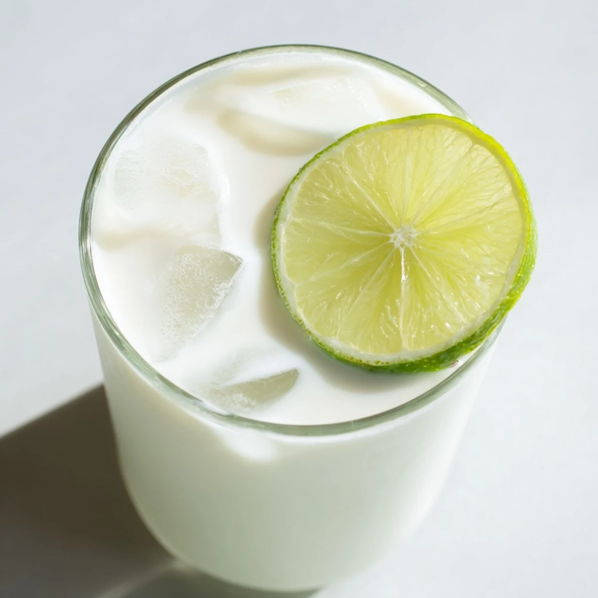 Frosty pitcher of pale green creamy Brazilian lemonade poured into glasses with lime wedges for summer