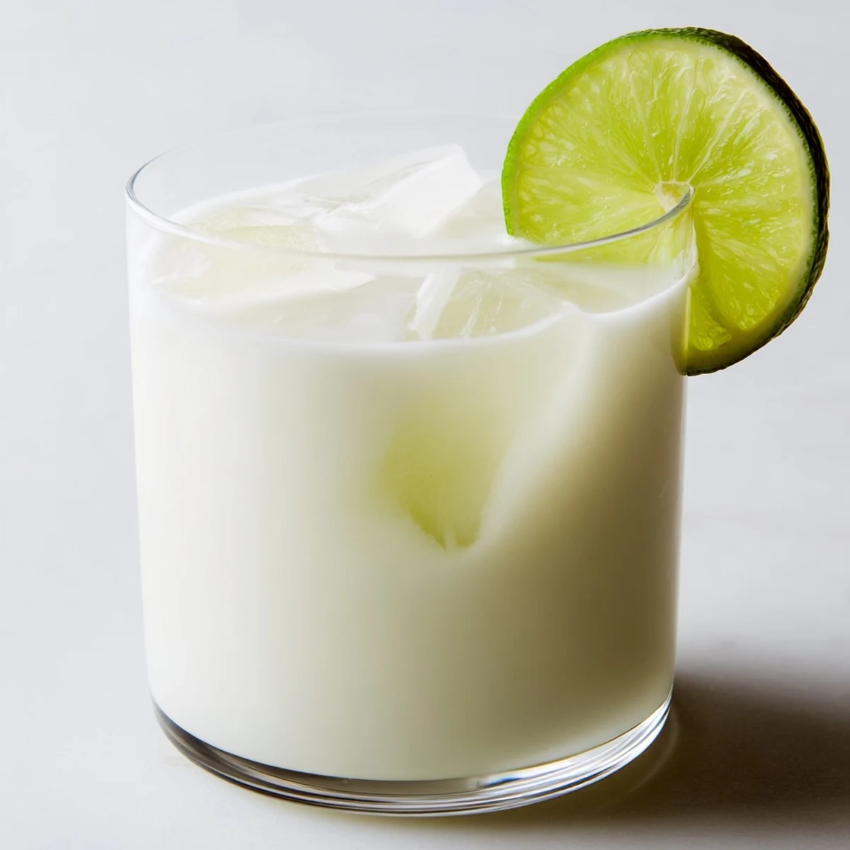 Tall glass of sweet creamy Brazilian lemonade garnished with a lime wheel on a sunny patio