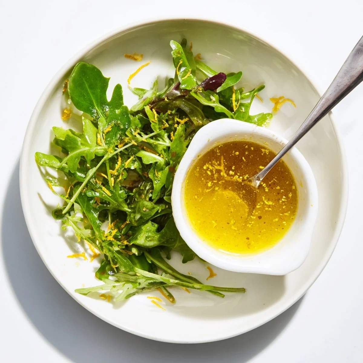 Golden honey lemon vinaigrette drizzled over fresh mixed greens in a white bowl