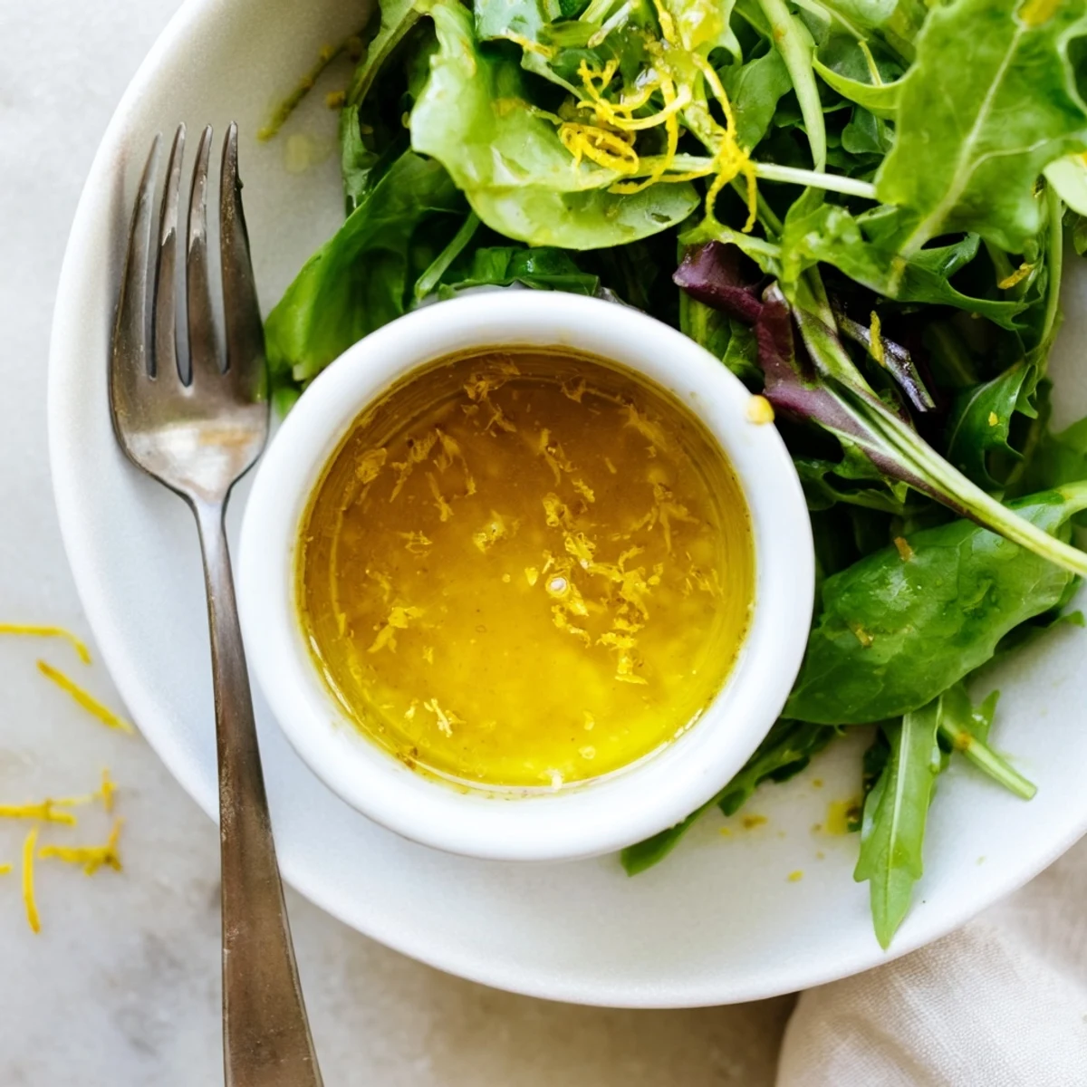 Creamy honey lemon vinaigrette dressing emulsified in a glass jar with fresh lemon zest