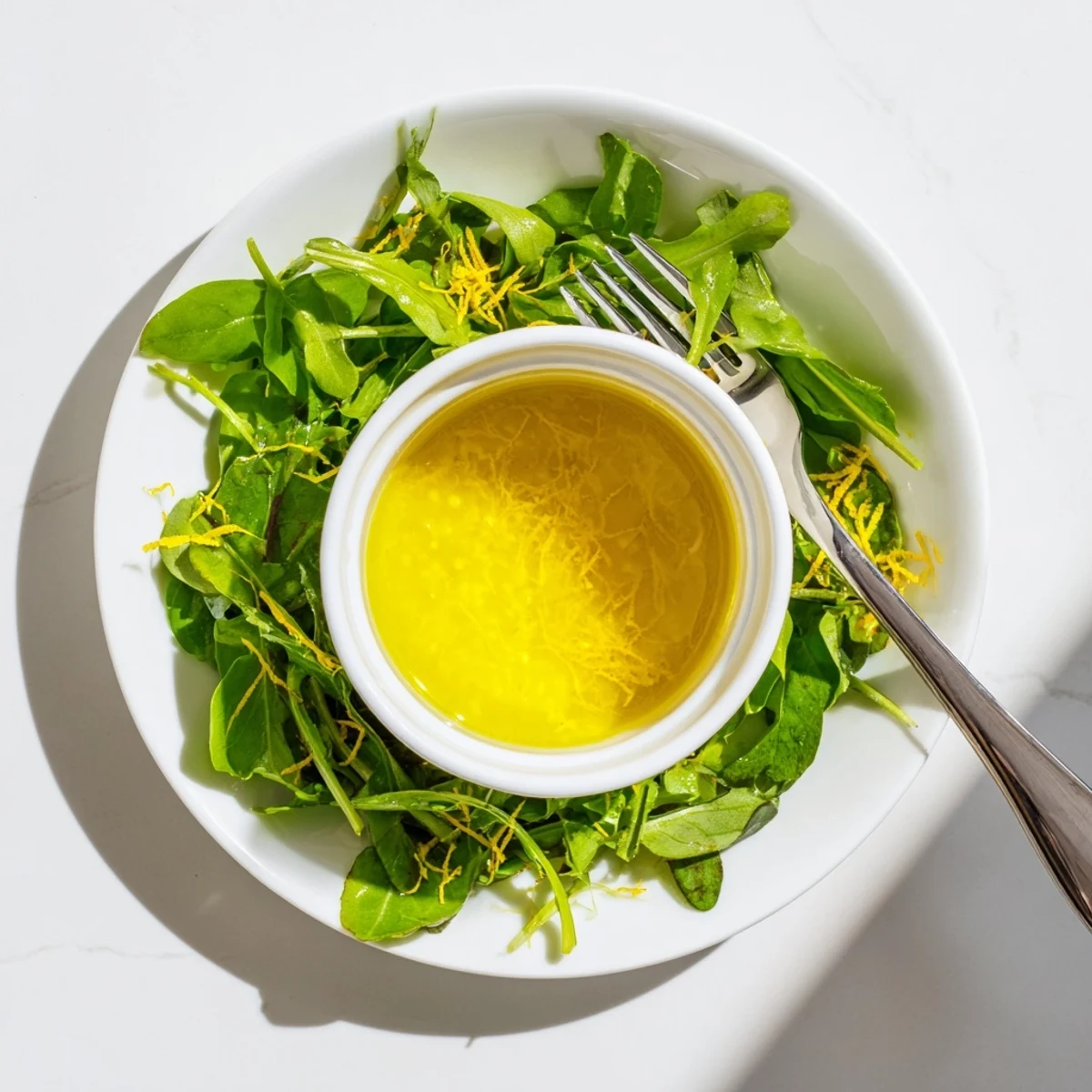 Bright honey lemon vinaigrette poured crisp over green salad with cherry tomatoes and cucumber