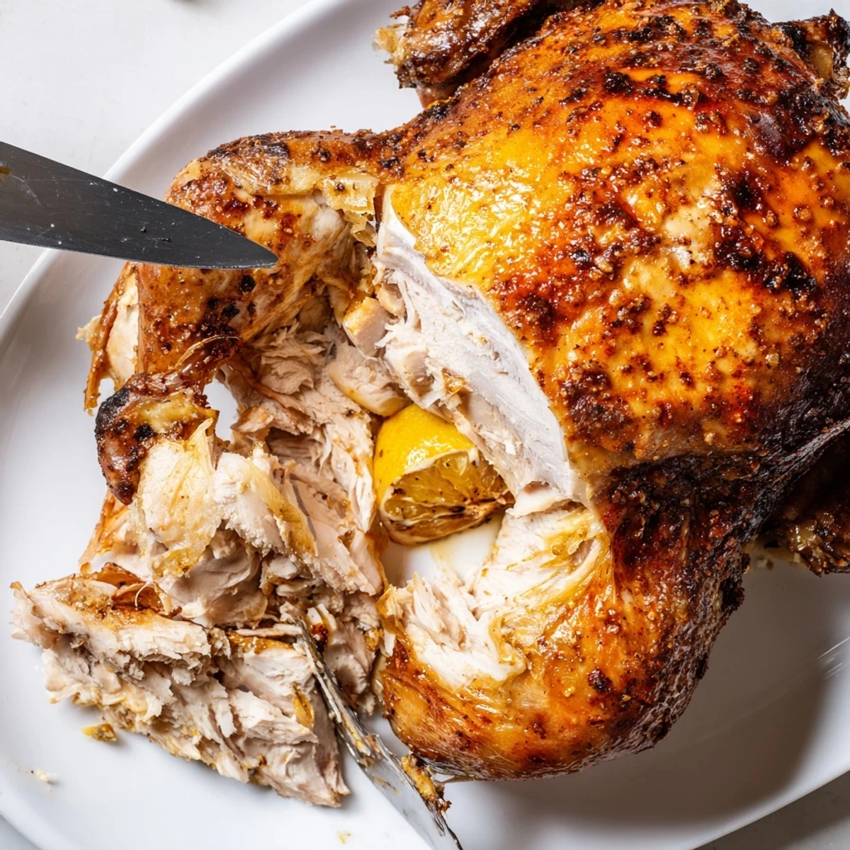 Golden rotisserie chicken with crispy seasoned skin roasted to perfection on a serving platter