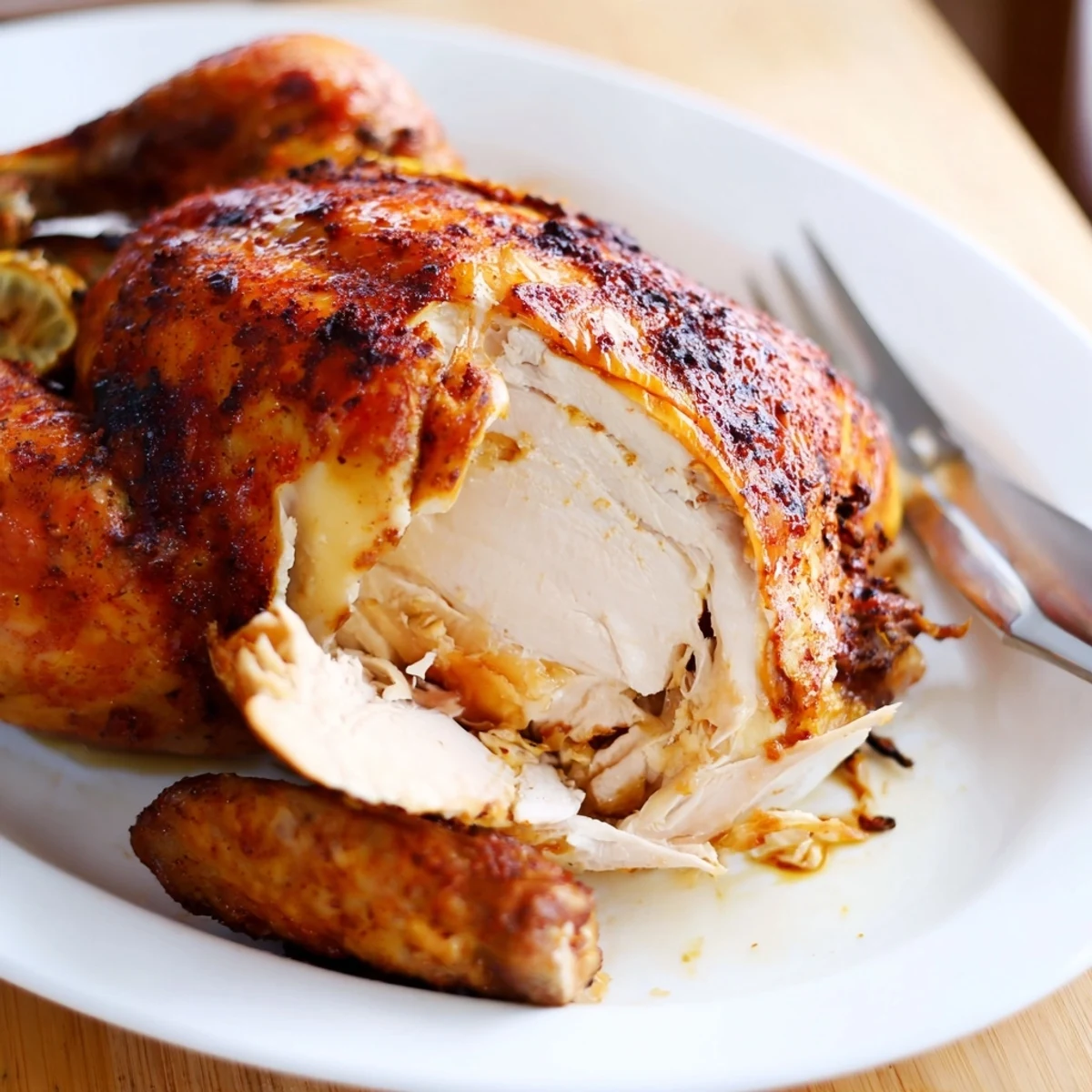 Succulent whole rotisserie chicken resting after roasting with tender juicy meat and aromatic herbs