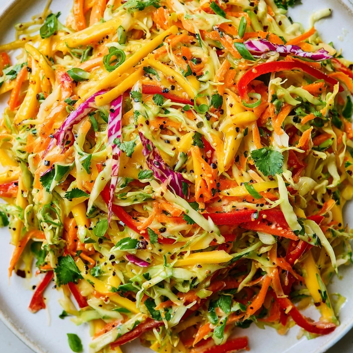 Fresh colorful mango slaw with crisp shredded cabbage in tangy lime dressing