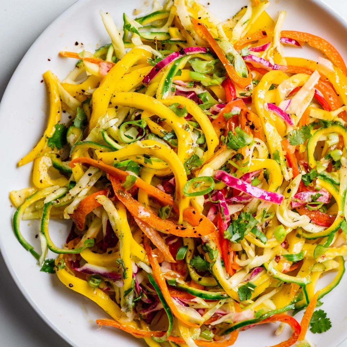 Close-up of refreshing mango slaw with crunchy vegetables and zesty lime dressing