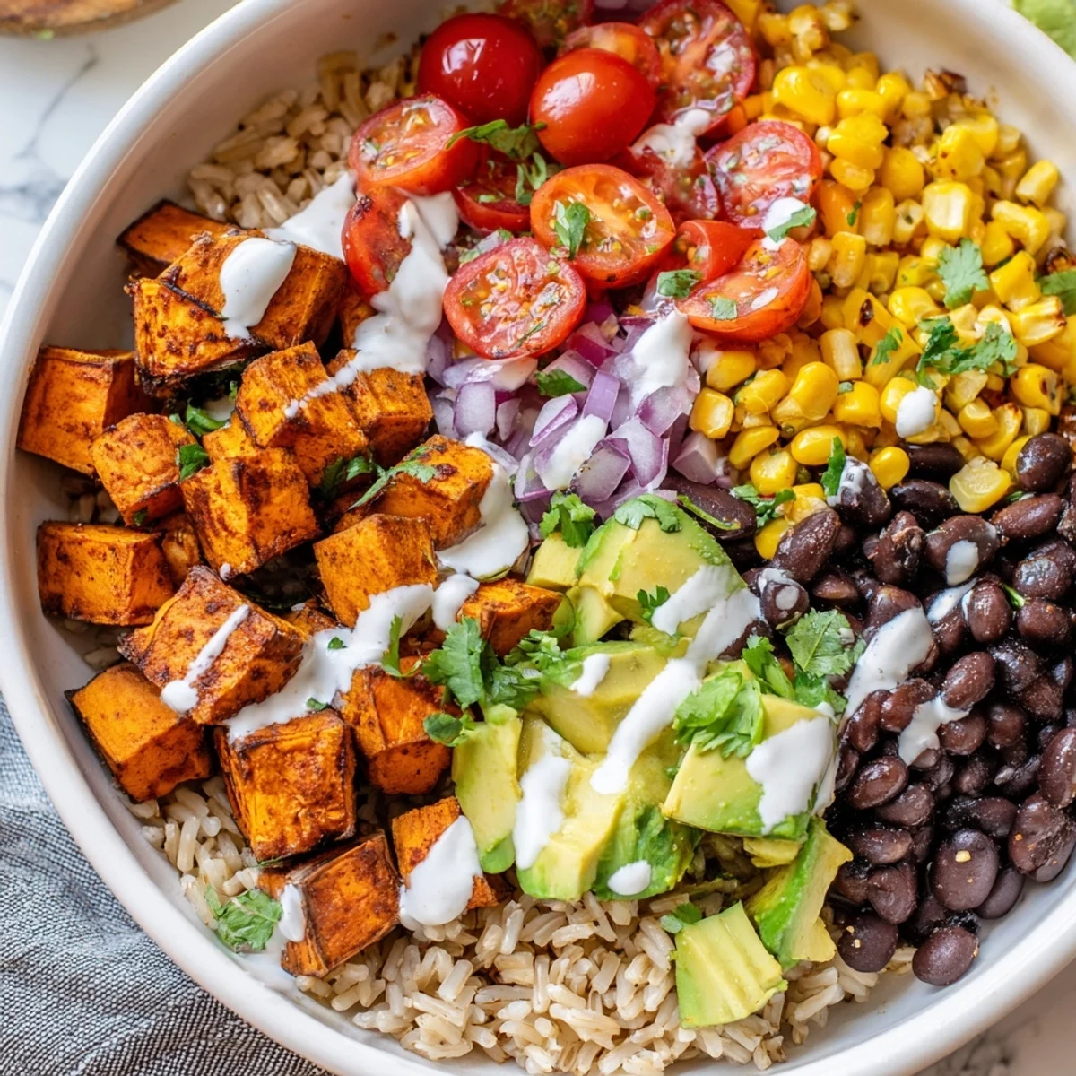 Golden roasted sweet potato chunks atop fluffy brown rice with seasoned black beans and colorful fresh toppings in a vegan sweet potato burrito bowl