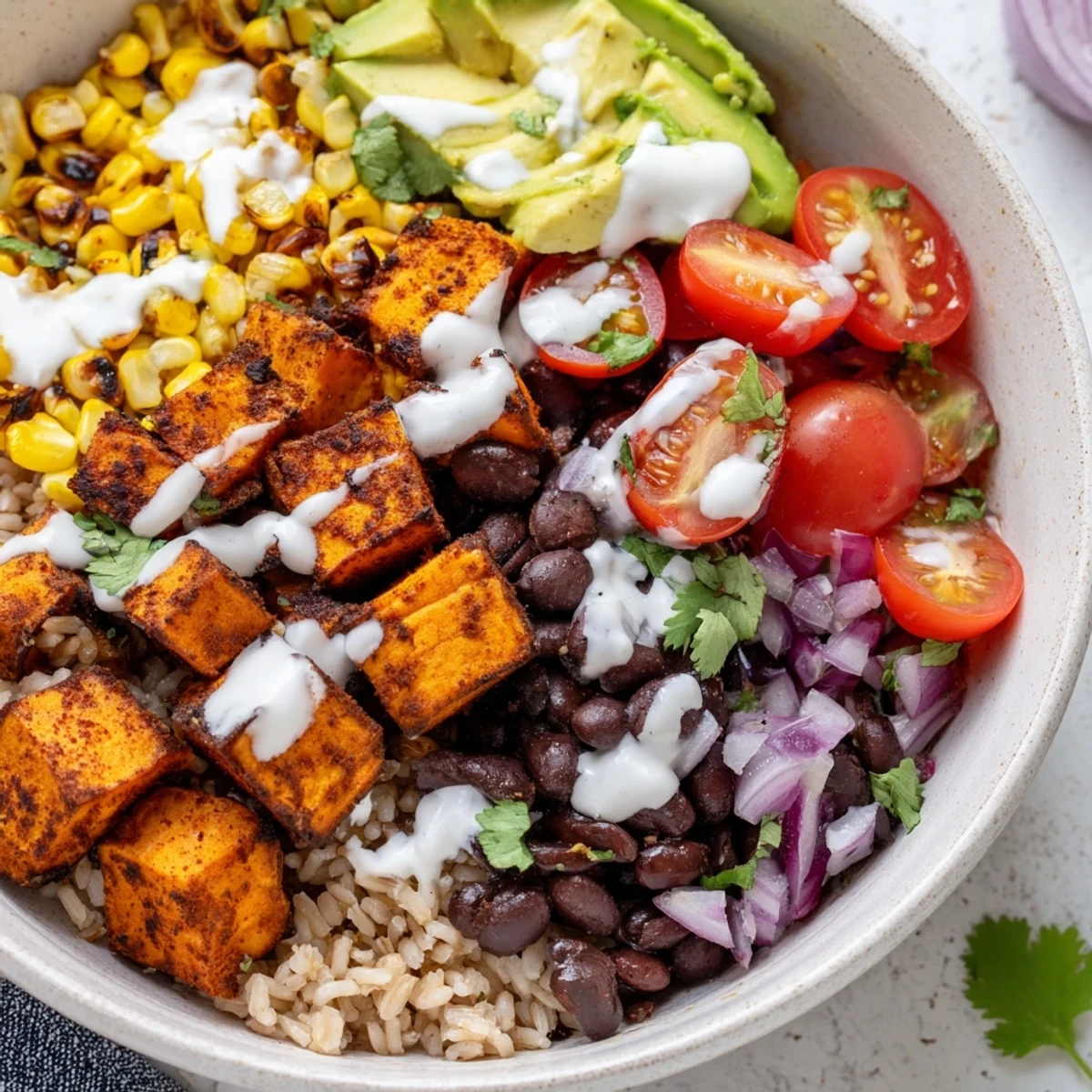Vibrant mexican-inspired vegan sweet potato burrito bowl loaded with spiced roasted sweet potatoes, creamy avocado, black beans and crisp vegetables