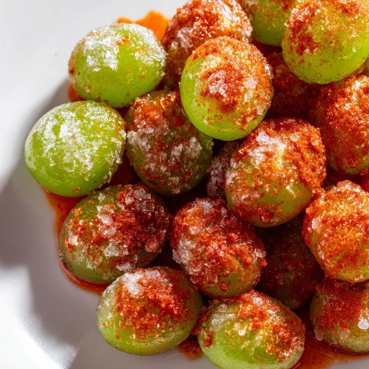 Bowl of frozen Tajín grapes coated in spicy red seasoning and fresh lime juice