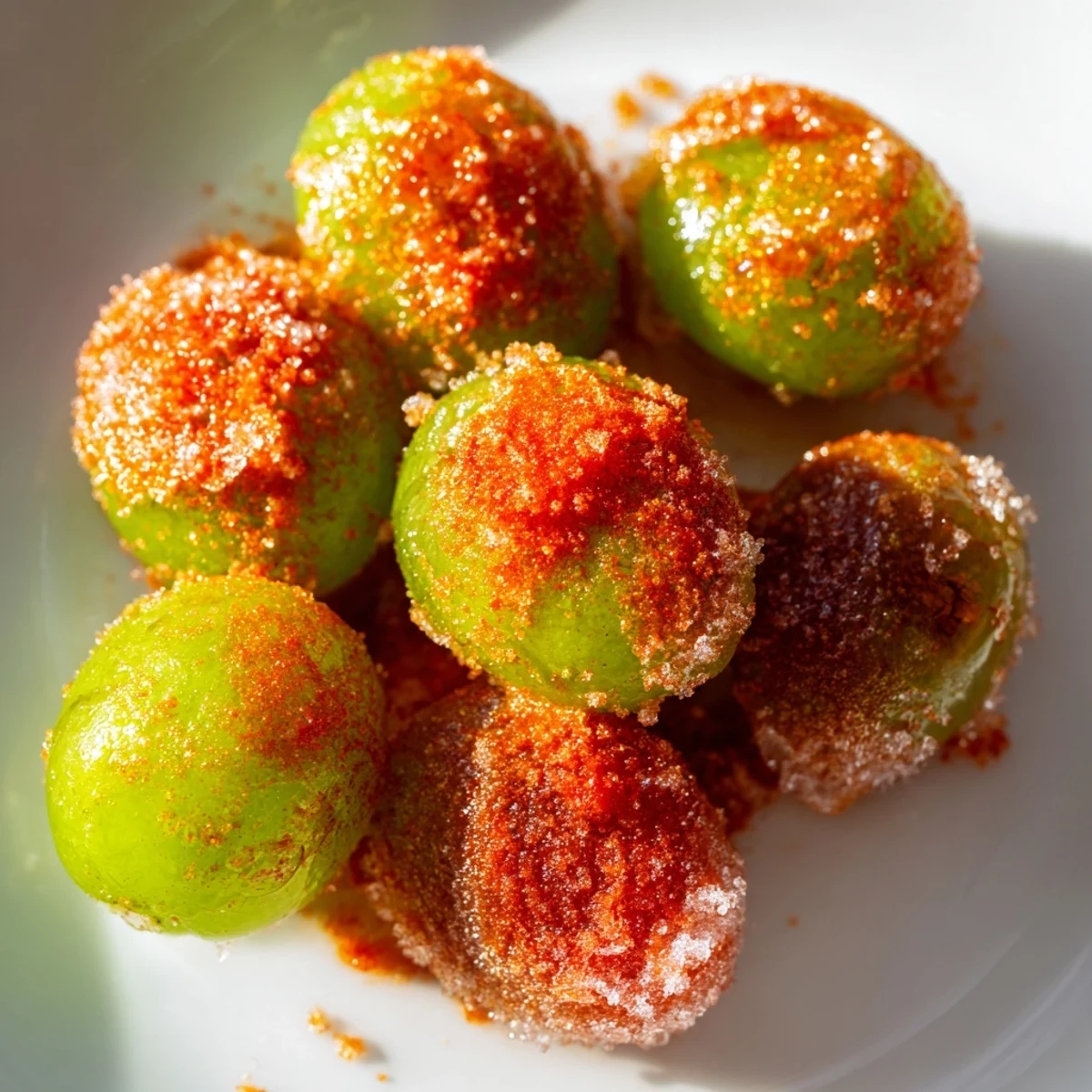 Green grapes dusted with tangy Tajín and lime zest arranged on parchment paper for freezing