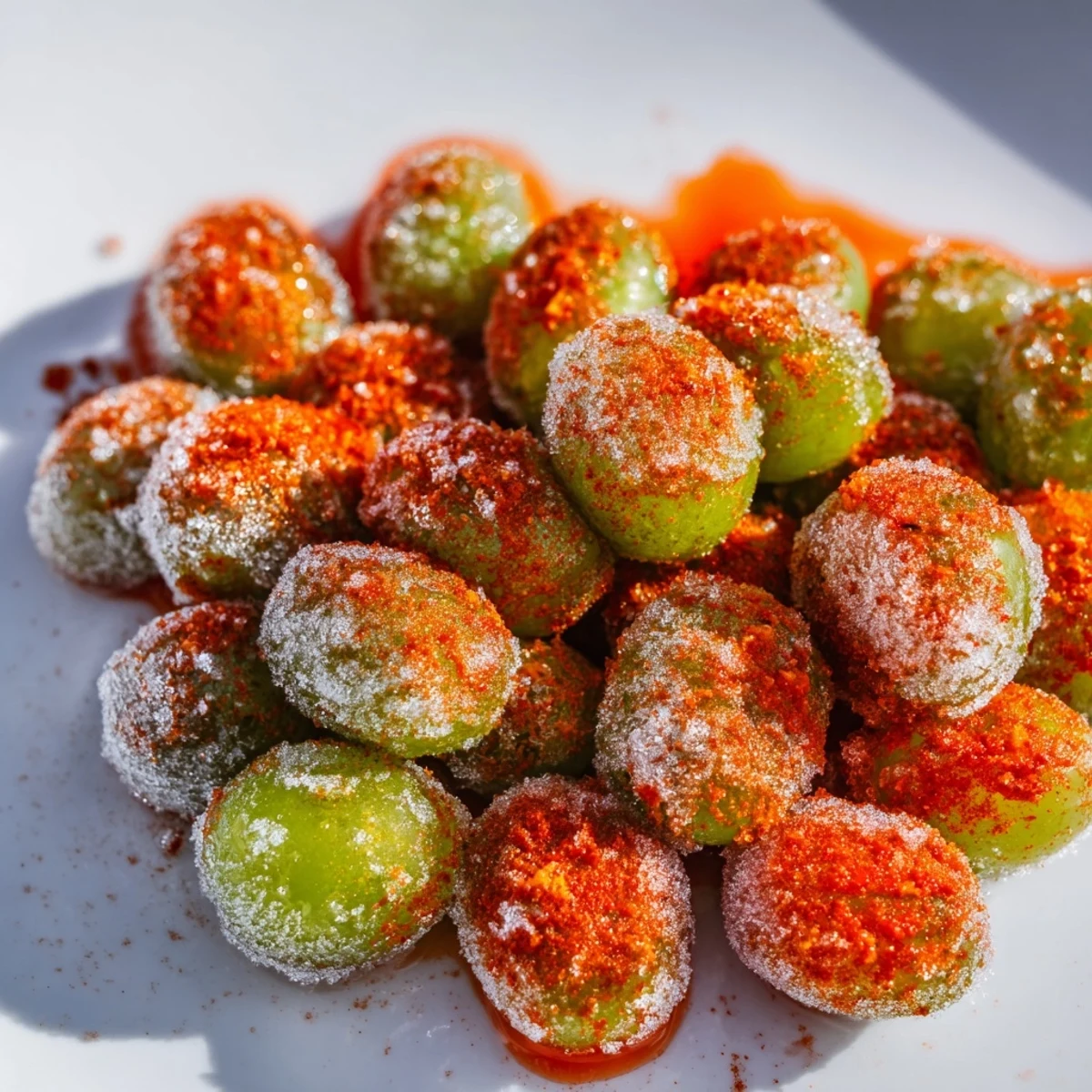 Close-up of chilled seedless grapes sprinkled with Mexican spice mix and frozen until solid